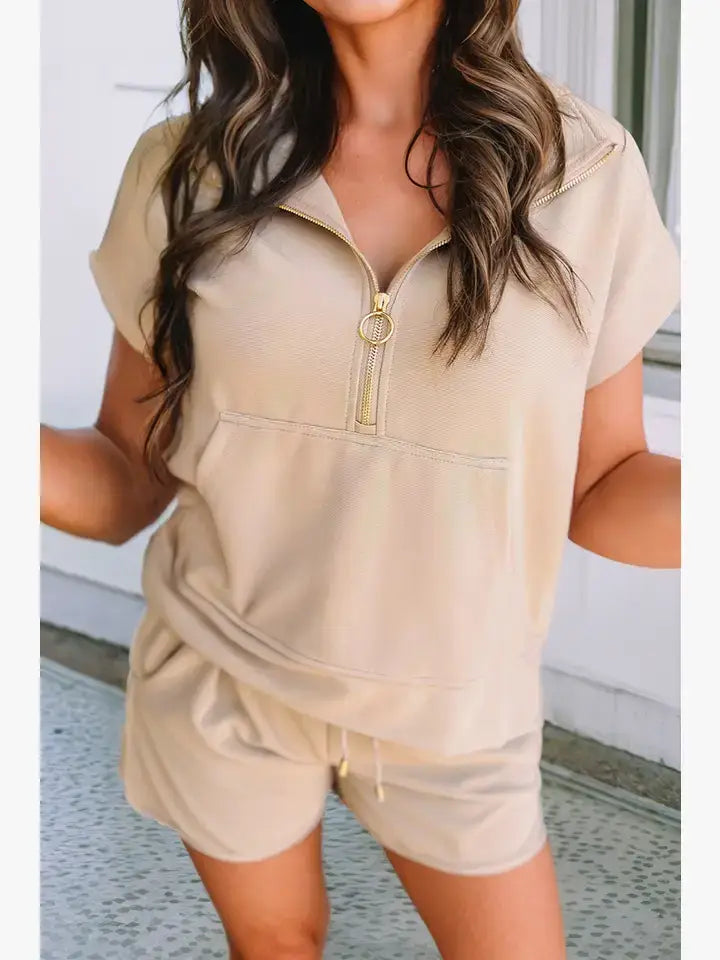 LDC Textured Zip Kangaroo Pocket Top Drawstring Shorts Set