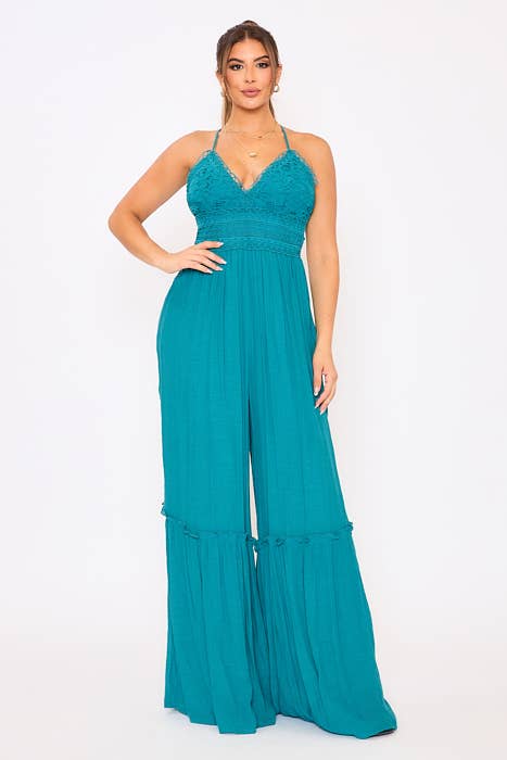 CROCHET RAYON CRINKLE TIE BACK WIDE LEG JUMPSUIT DM2517