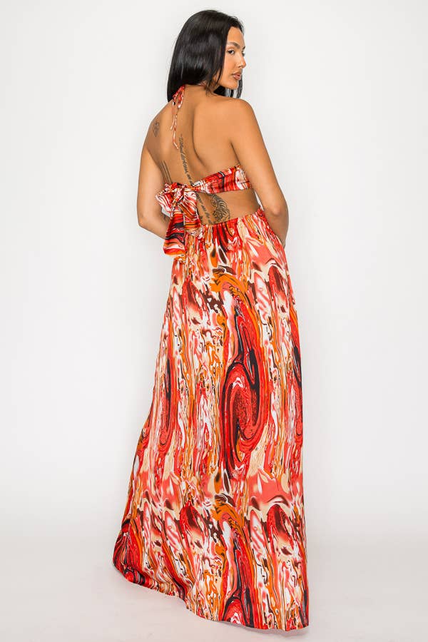 PRINTED SATIN SMOCKED CHEST SLIT FRT MAXI DRESS DM2720