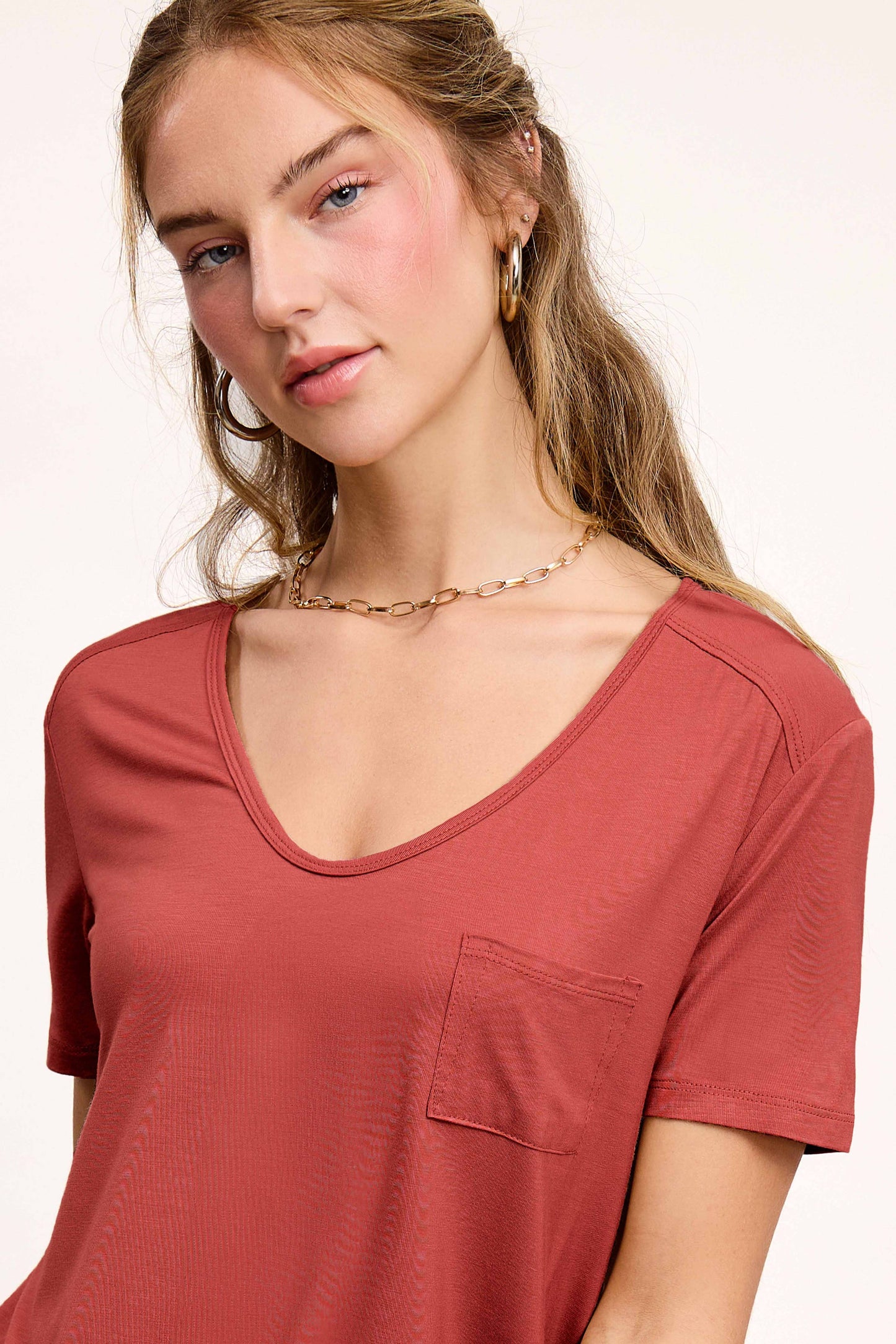 HUT7182-Super Soft Front Pocket Short Sleeve Basic Top