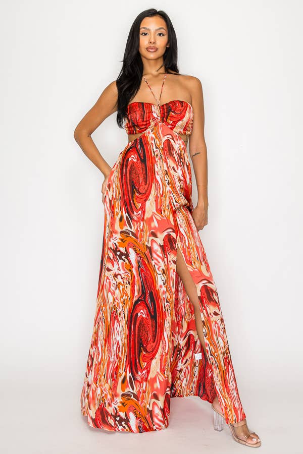 PRINTED SATIN SMOCKED CHEST SLIT FRT MAXI DRESS DM2720