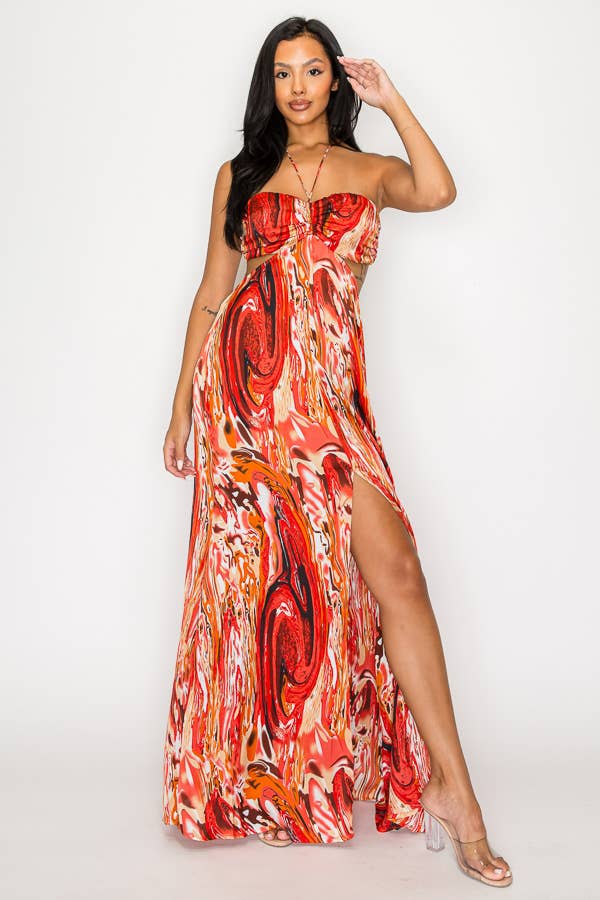 PRINTED SATIN SMOCKED CHEST SLIT FRT MAXI DRESS DM2720