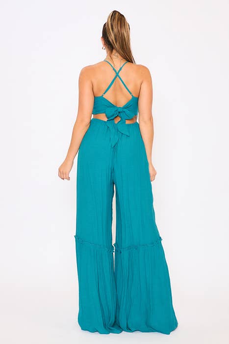 CROCHET RAYON CRINKLE TIE BACK WIDE LEG JUMPSUIT DM2517
