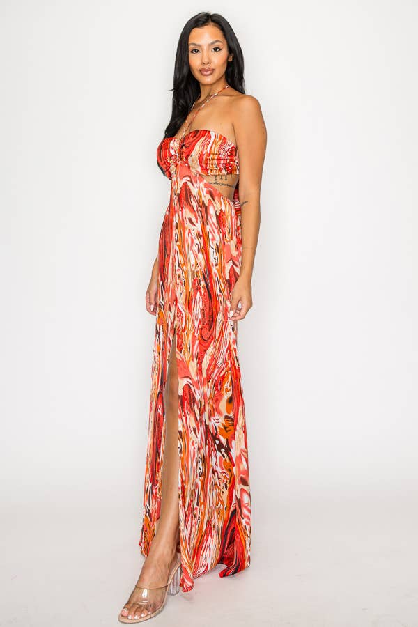 PRINTED SATIN SMOCKED CHEST SLIT FRT MAXI DRESS DM2720