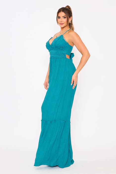 CROCHET RAYON CRINKLE TIE BACK WIDE LEG JUMPSUIT DM2517
