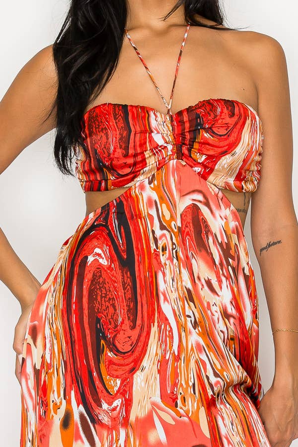 PRINTED SATIN SMOCKED CHEST SLIT FRT MAXI DRESS DM2720
