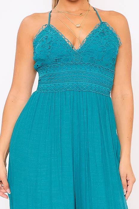 CROCHET RAYON CRINKLE TIE BACK WIDE LEG JUMPSUIT DM2517
