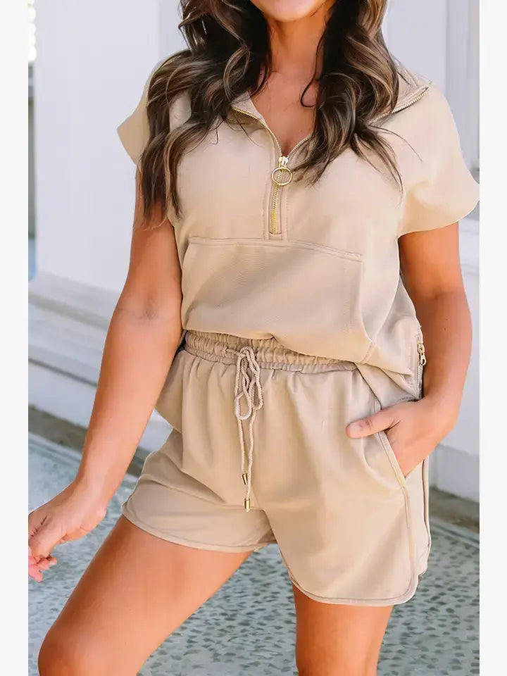 LDC Textured Zip Kangaroo Pocket Top Drawstring Shorts Set