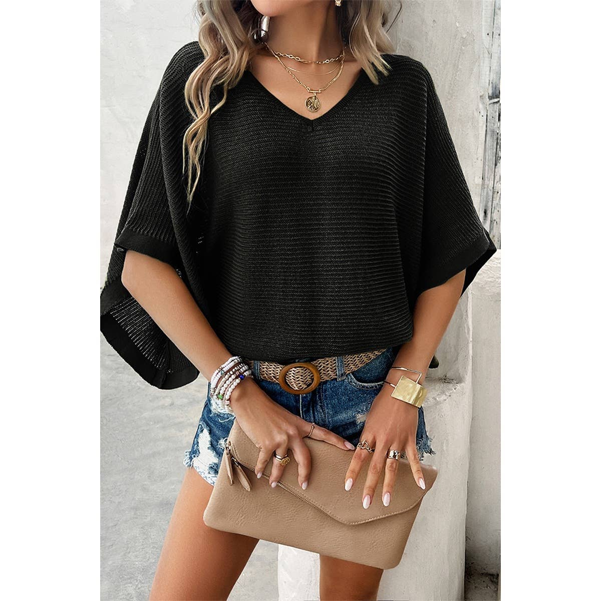 Solid V Neck Knit Loose Fit Bat Sleeves Top