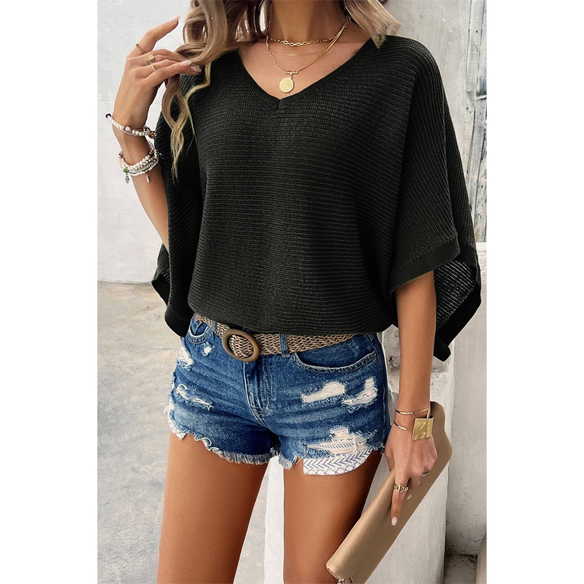 Solid V Neck Knit Loose Fit Bat Sleeves Top